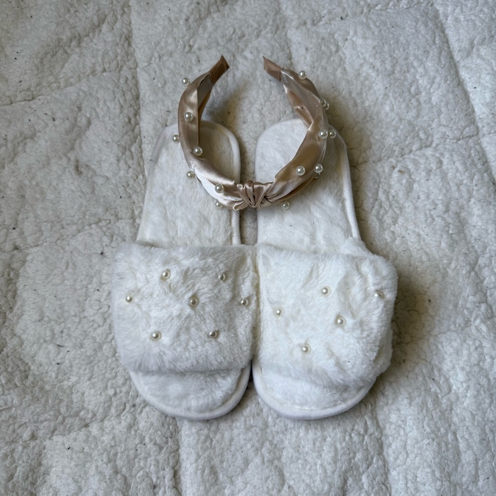 White Furry Slippers with Pearl Accents